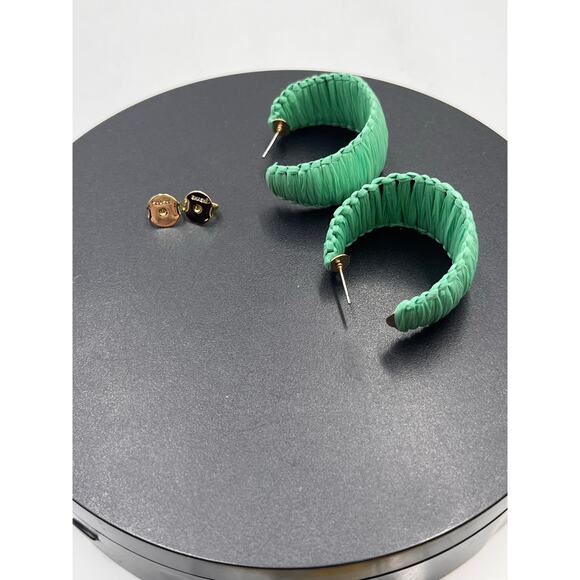 Shashi Designer Naija Raffia Wrapped Green Gold Plated Hoop Earrings - Picture 6 of 8